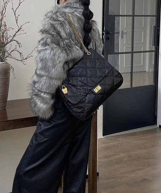 Handmade Black Plaid Wrinkled Faux Leather Flap Bag