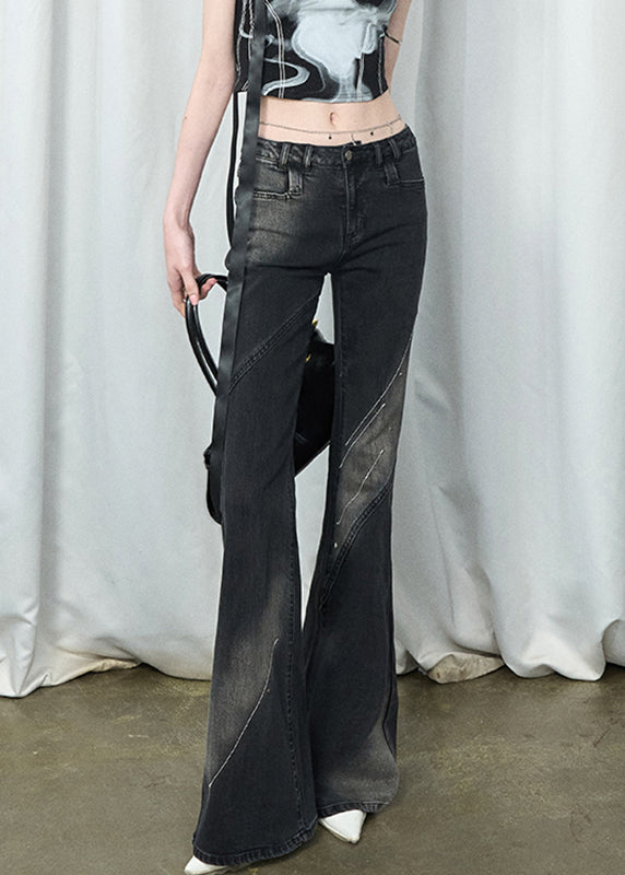Handmade Black Pockets Patchwork High Waist Flared Jeans Fall