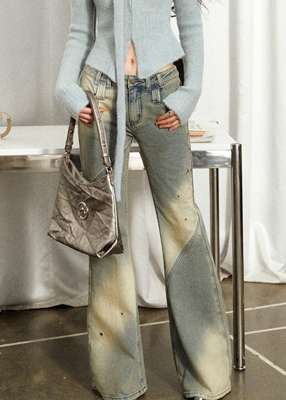 Handmade Black Pockets Patchwork High Waist Flared Jeans Fall
