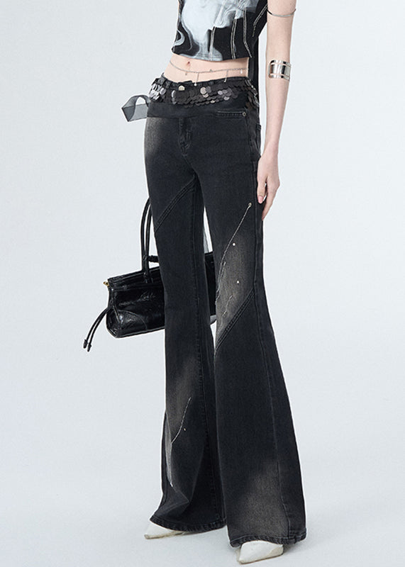 Handmade Black Pockets Patchwork High Waist Flared Jeans Fall