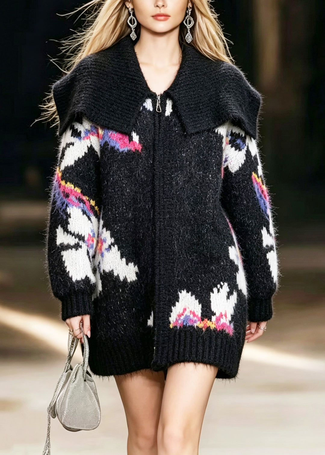 Handmade Black Sailor Collar Zip Up Jacquard Patchwork Knit Coats Fall