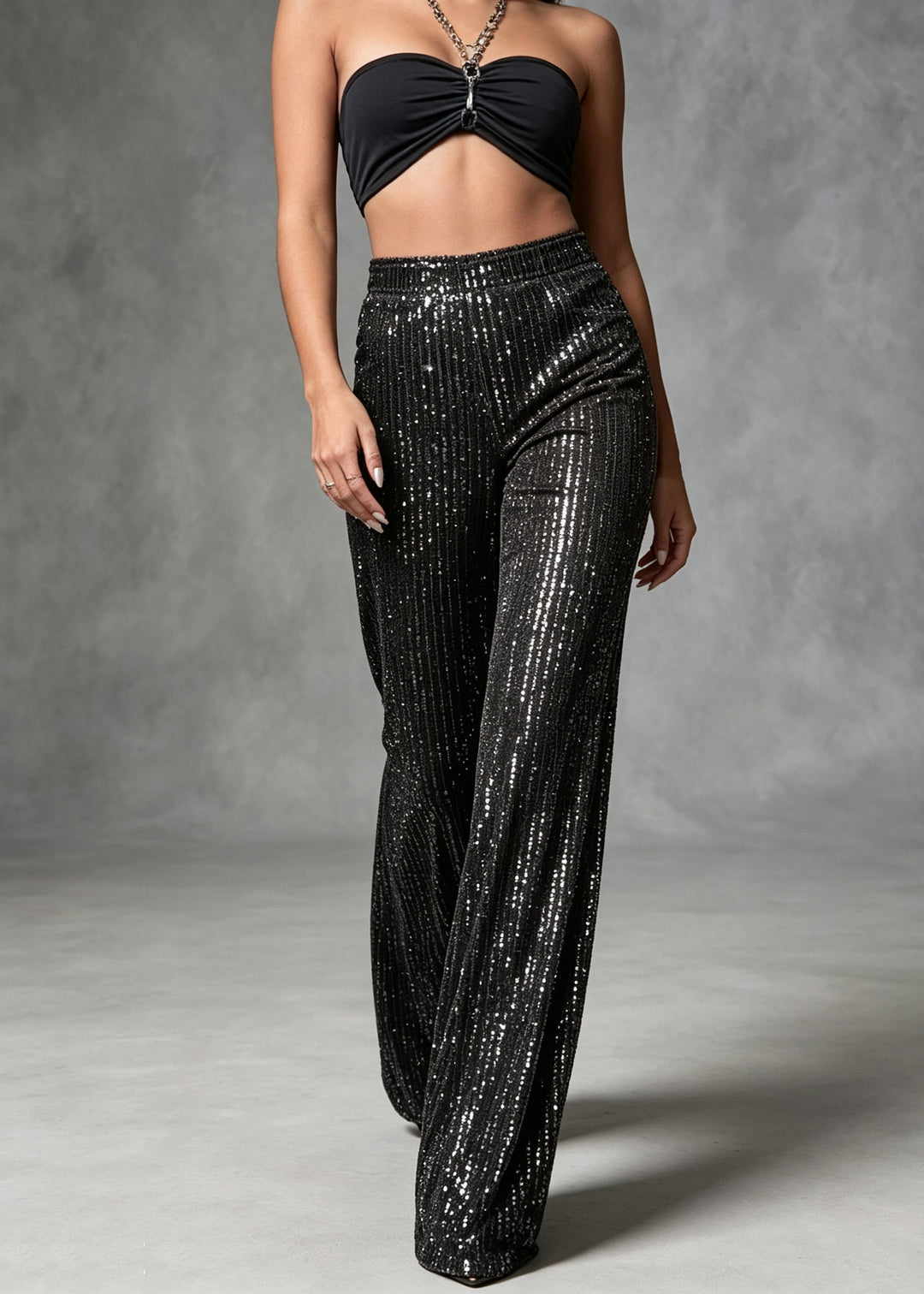Handmade Black Sequins High Waist Cotton Pants Trousers Summer