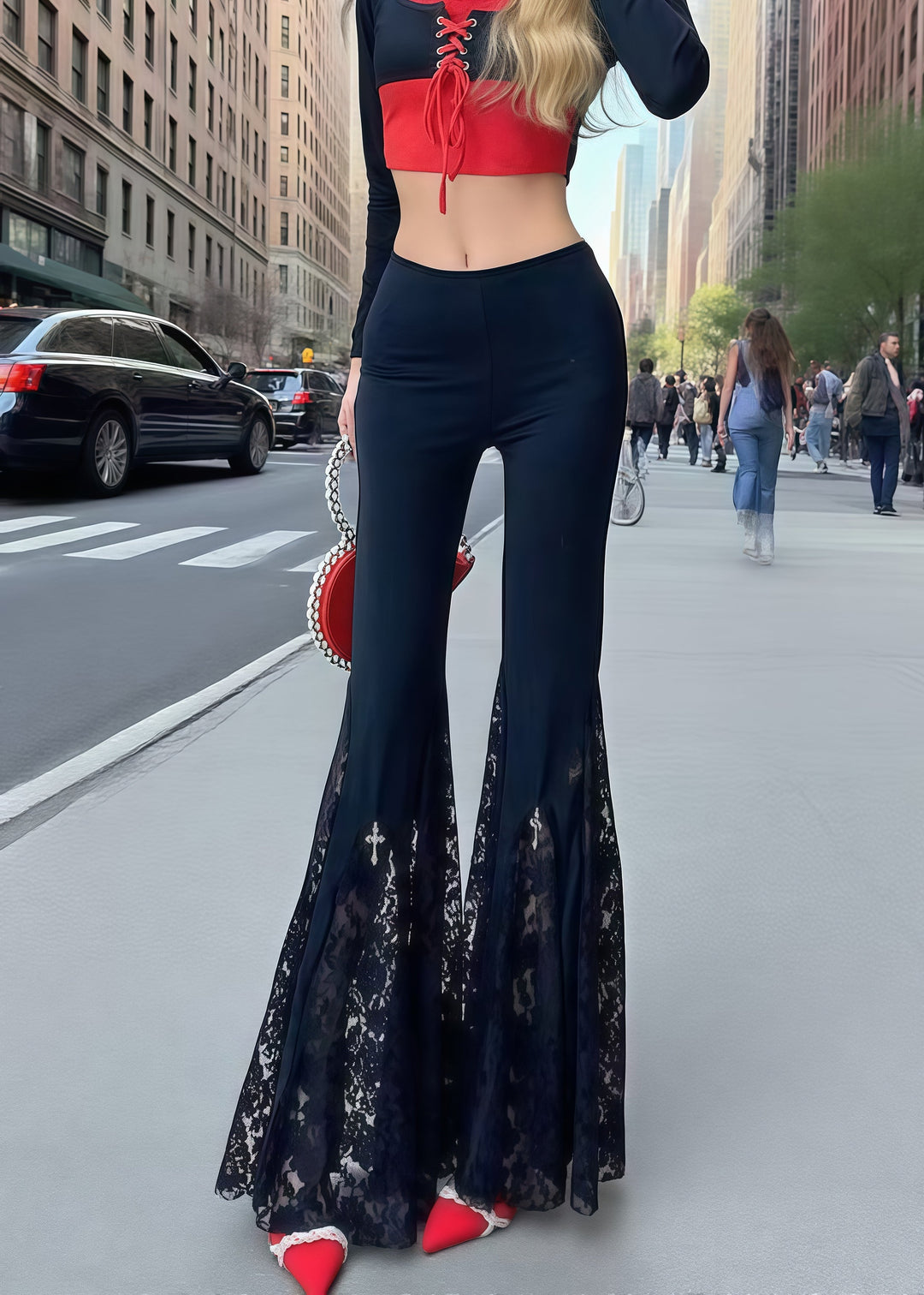 Handmade Black Silm Fit Patchwork Lace Flared Trousers Summer