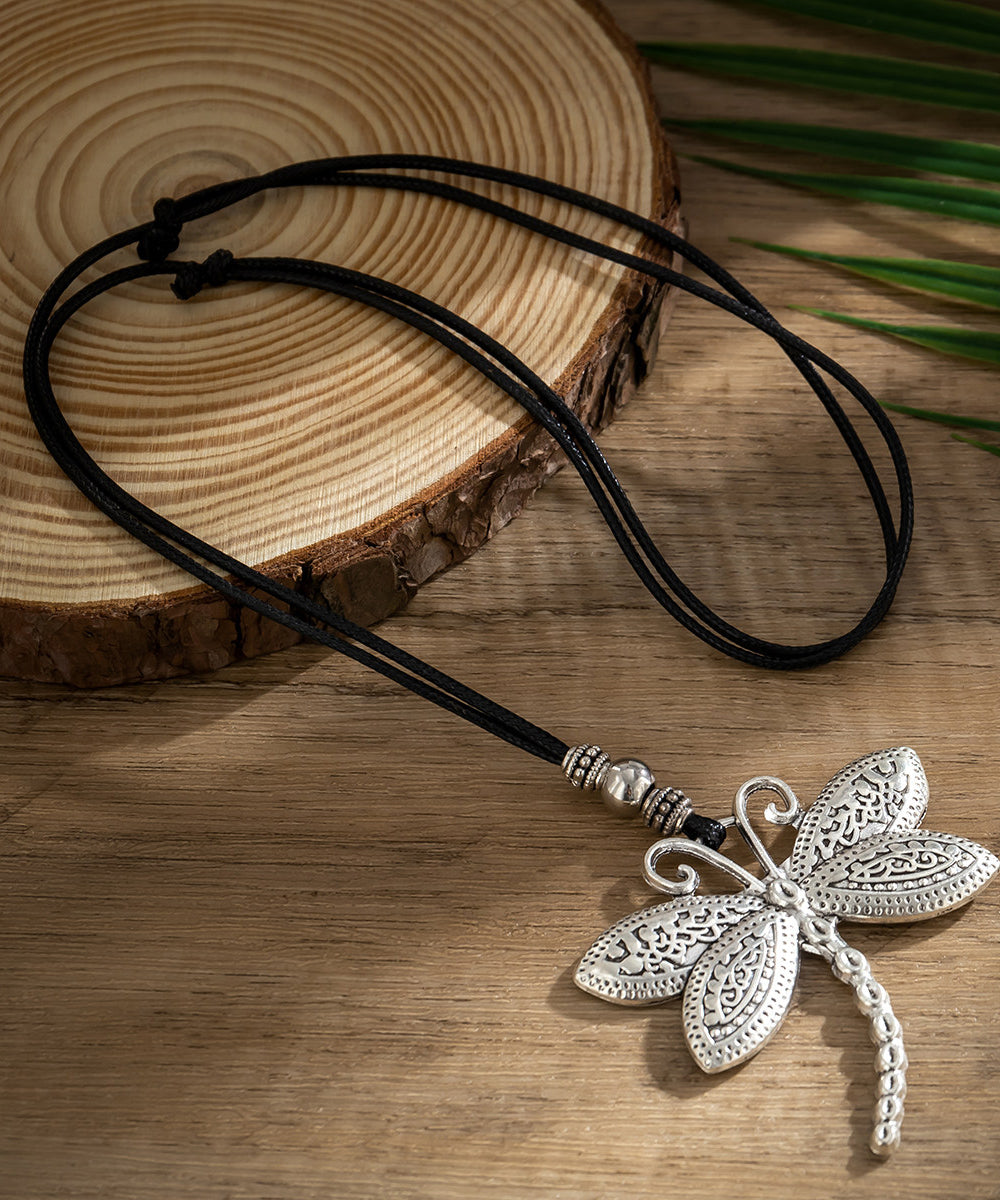Handmade Black Sterling Silver Wax Line Dragonfly Adjustable Pendant Necklace
