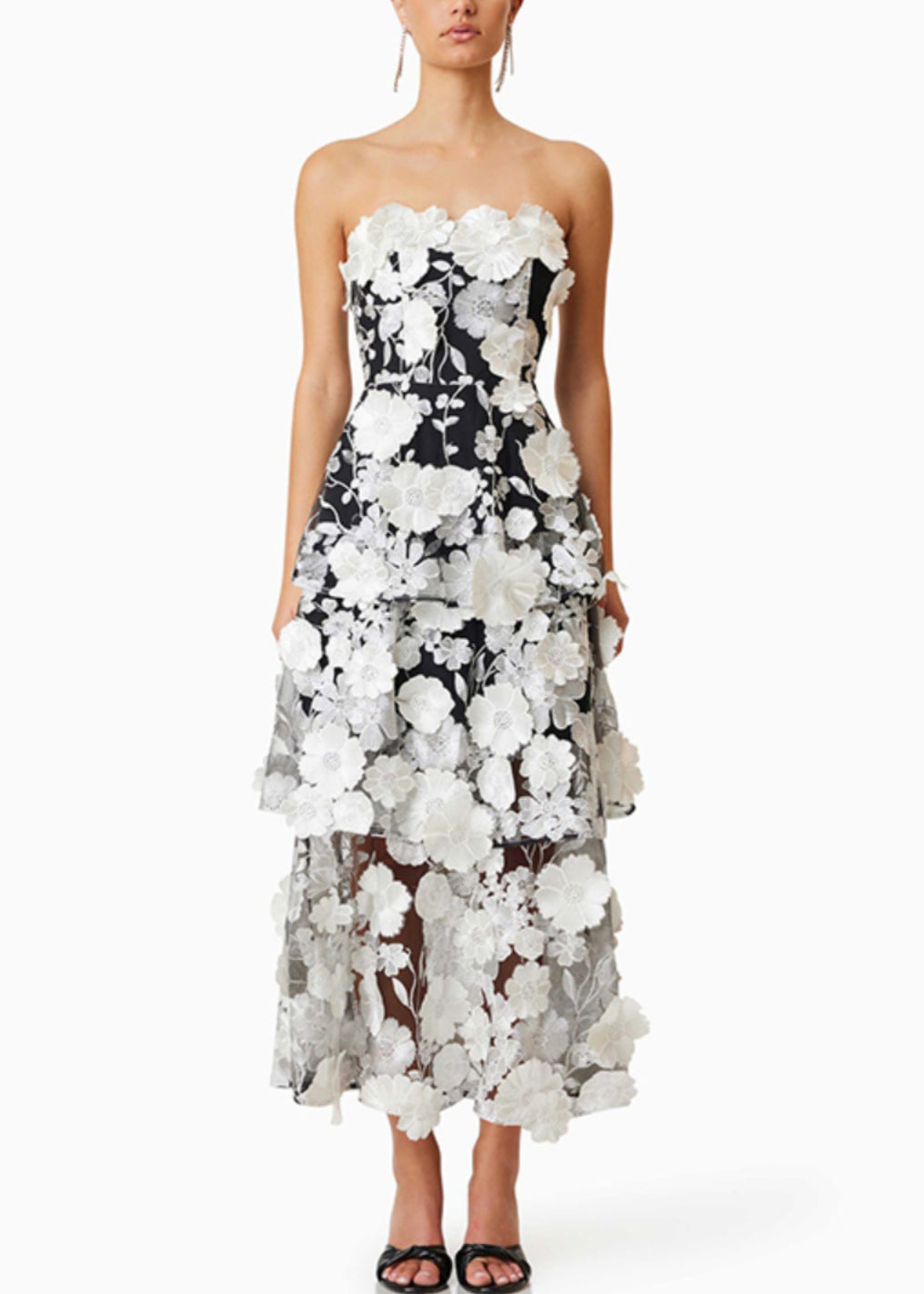 Handmade Black Strapless Embroidered Long Dress Sleeveless