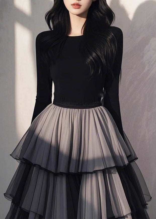 Handmade Black Tulle Patchwork Wrinkled Long Dress Spring