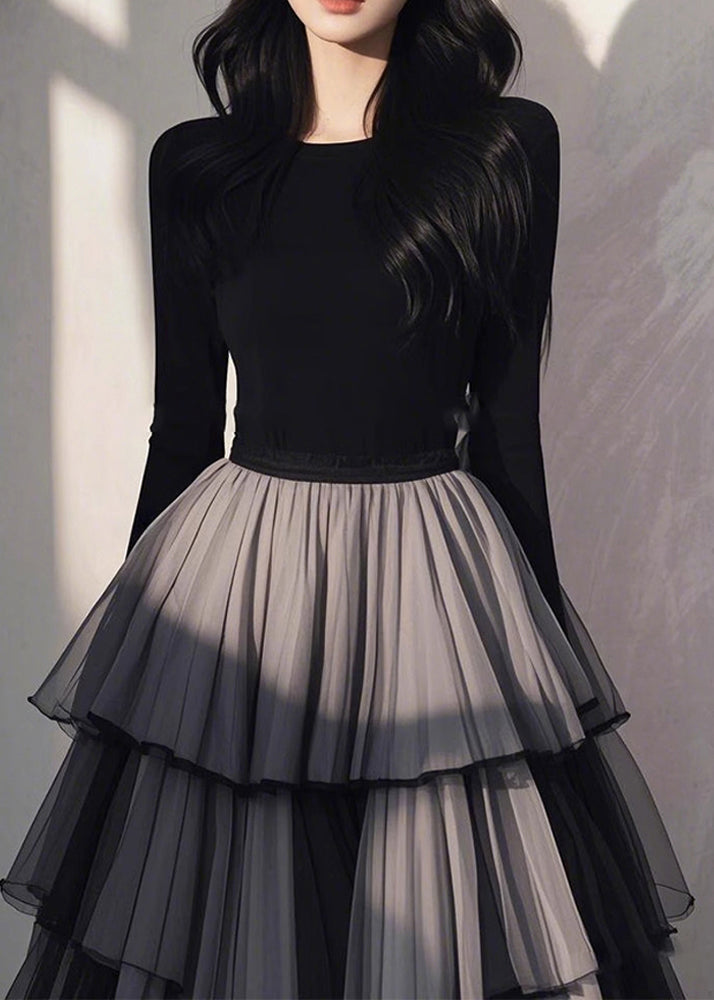 Handmade Black Tulle Patchwork Wrinkled Long Dress Spring