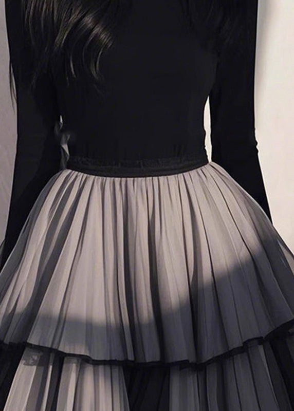 Handmade Black Tulle Patchwork Wrinkled Long Dress Spring