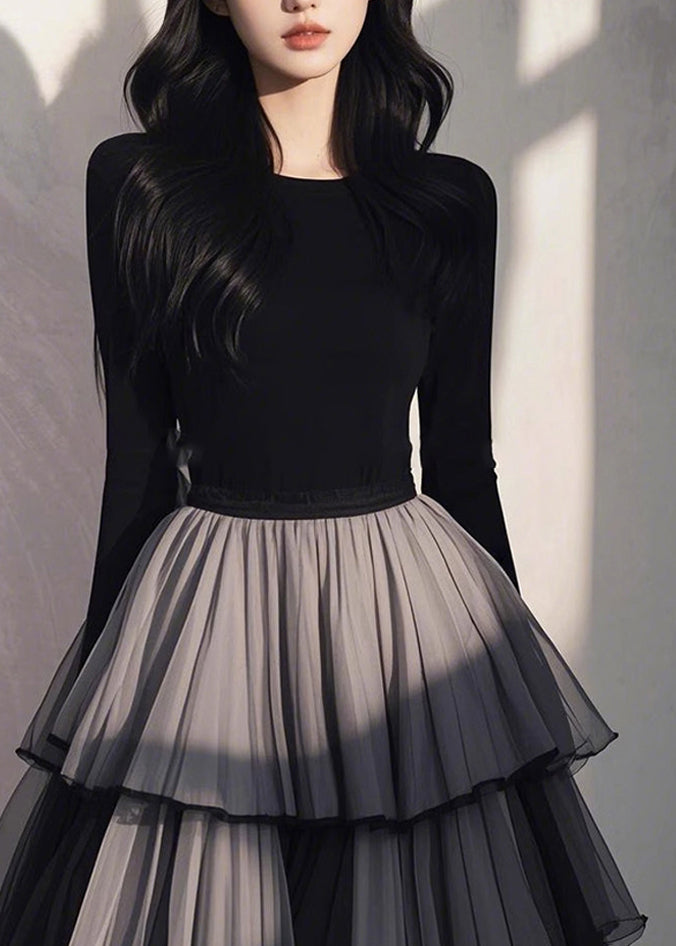 Handmade Black Tulle Patchwork Wrinkled Long Dress Spring