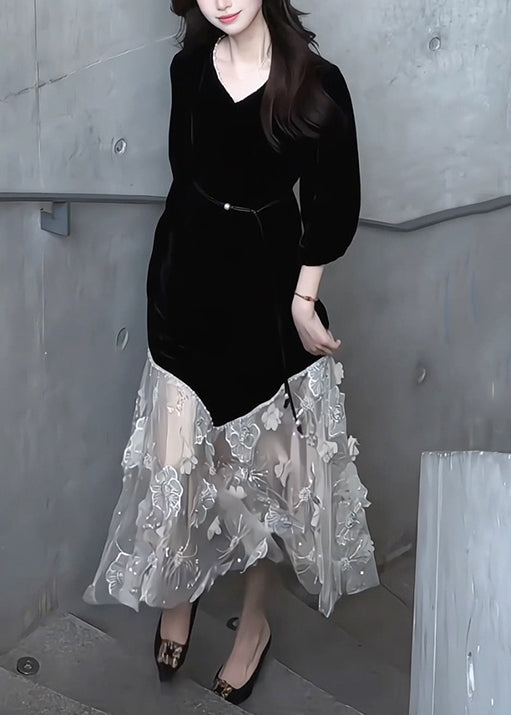Handmade Black V Neck Floral Tulle Patchwork Silk Velvet Long Dress Bracelet Sleeve