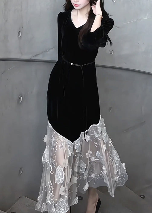 Handmade Black V Neck Floral Tulle Patchwork Silk Velvet Long Dress Bracelet Sleeve