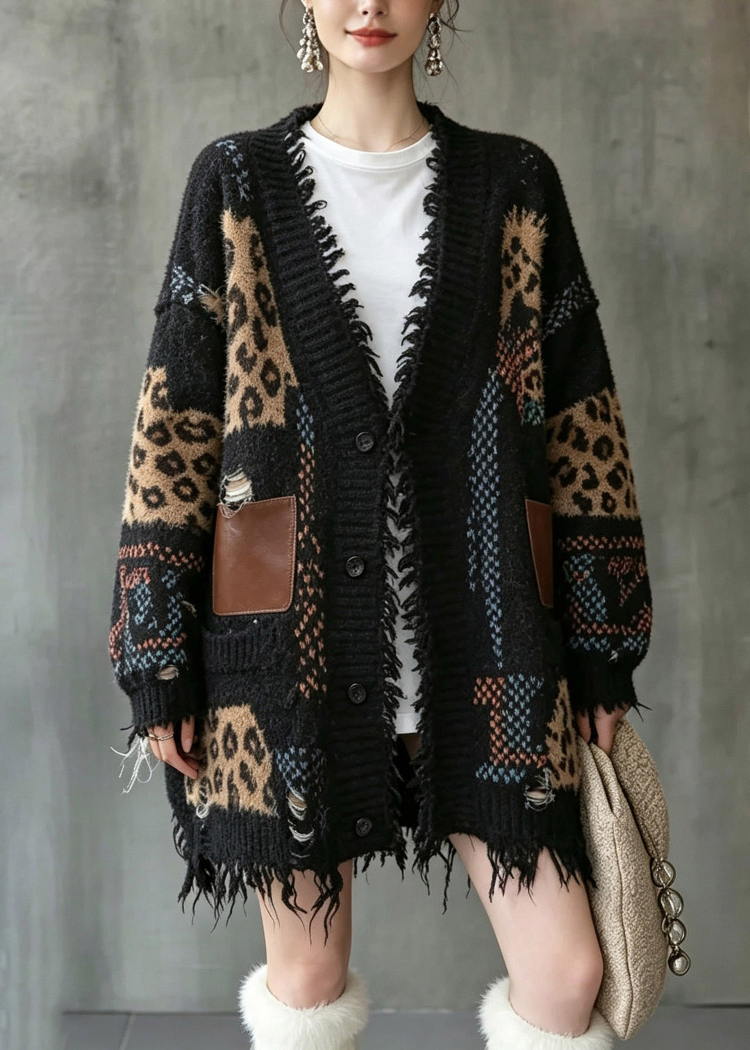 Handmade Black V Neck Print Cotton Knit Cardigan Long Sleeve