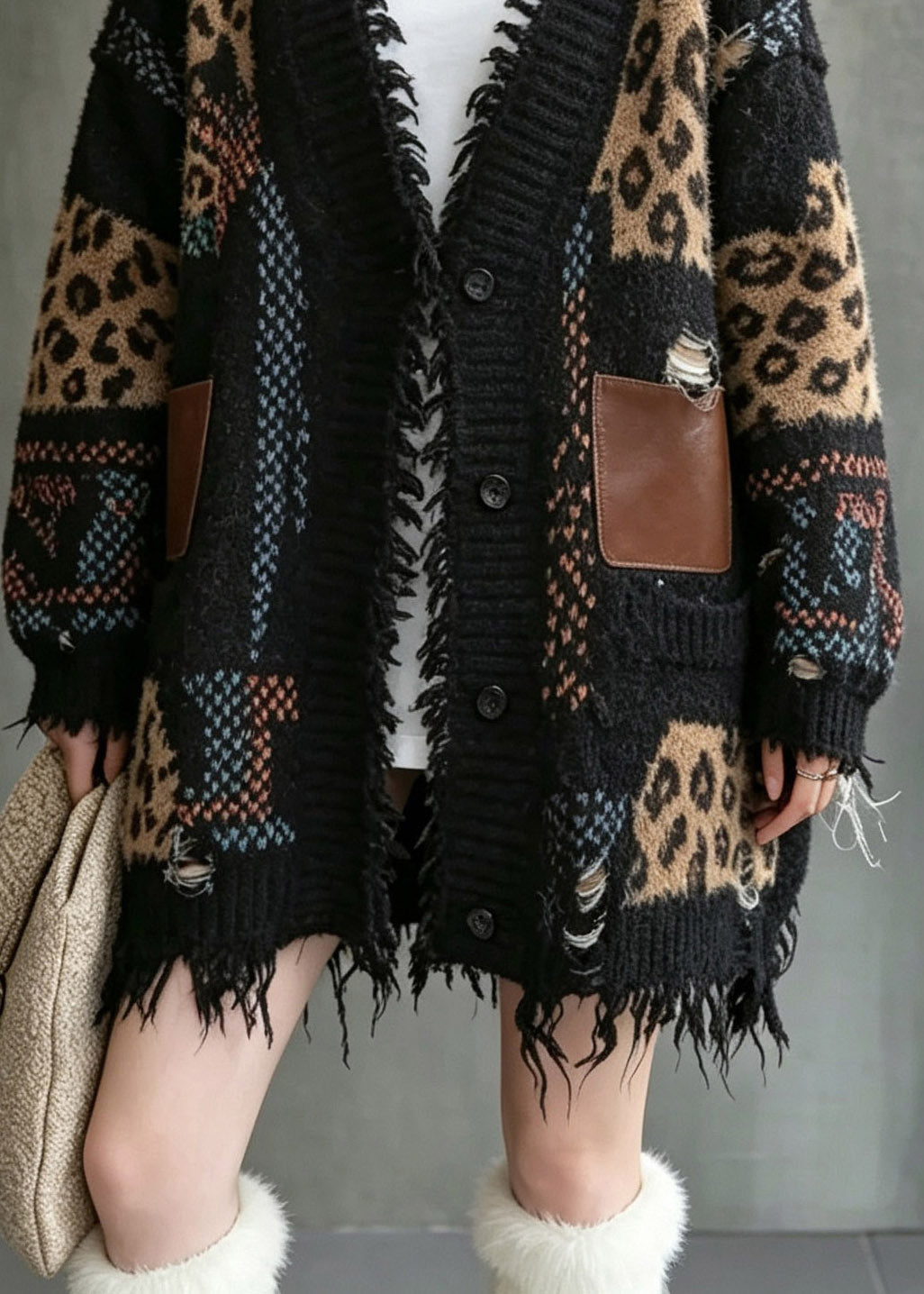 Handmade Black V Neck Print Cotton Knit Cardigan Long Sleeve