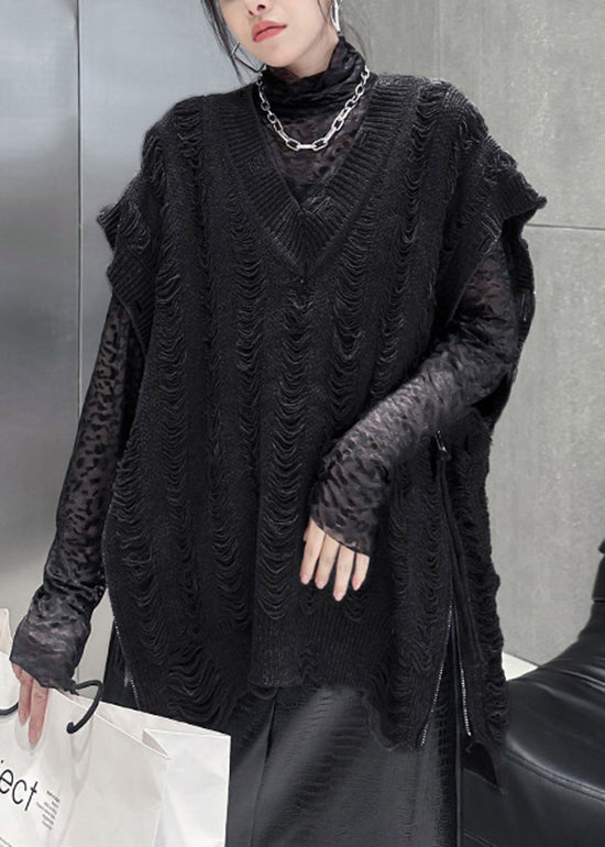 Handmade Black V Neck Zip Up Patchwork Knit Vest Tops Sleeveless - Omychic