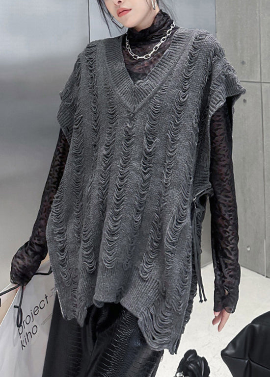Handmade Black V Neck Zip Up Patchwork Knit Vest Tops Sleeveless - Omychic
