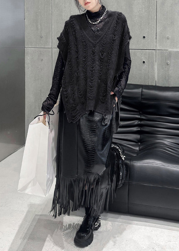 Handmade Black V Neck Zip Up Patchwork Knit Vest Tops Sleeveless - Omychic