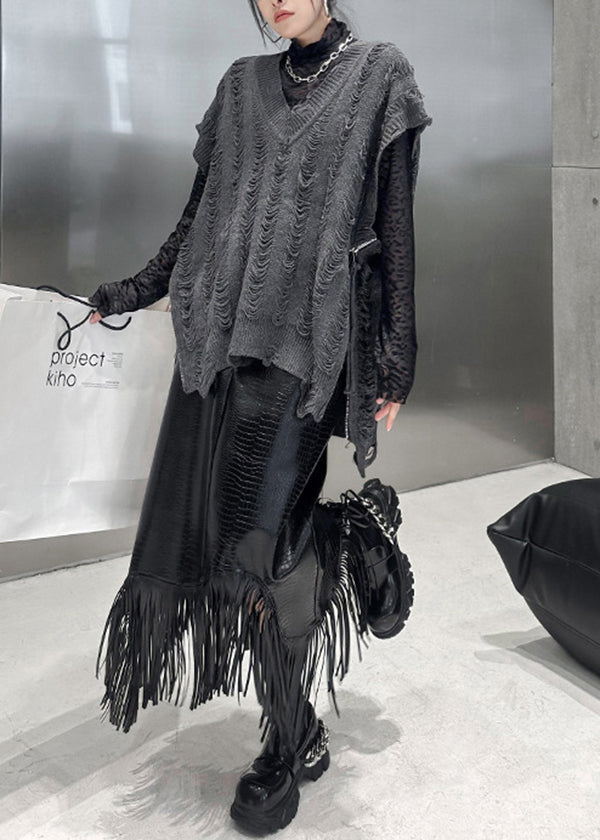 Handmade Black V Neck Zip Up Patchwork Knit Vest Tops Sleeveless - Omychic