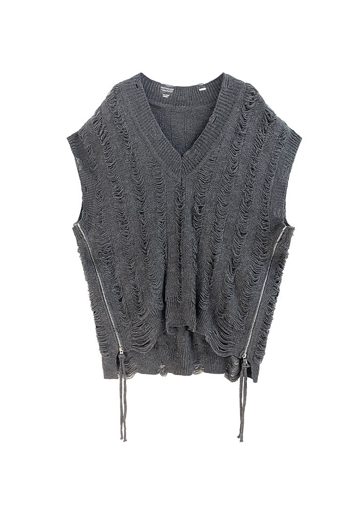 Handmade Black V Neck Zip Up Patchwork Knit Vest Tops Sleeveless - Omychic