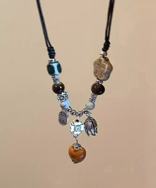 Handmade Black Weave Alloy Ceramics Beads Pendant Necklace