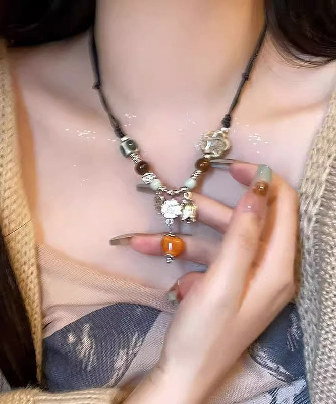 Handmade Black Weave Alloy Ceramics Beads Pendant Necklace
