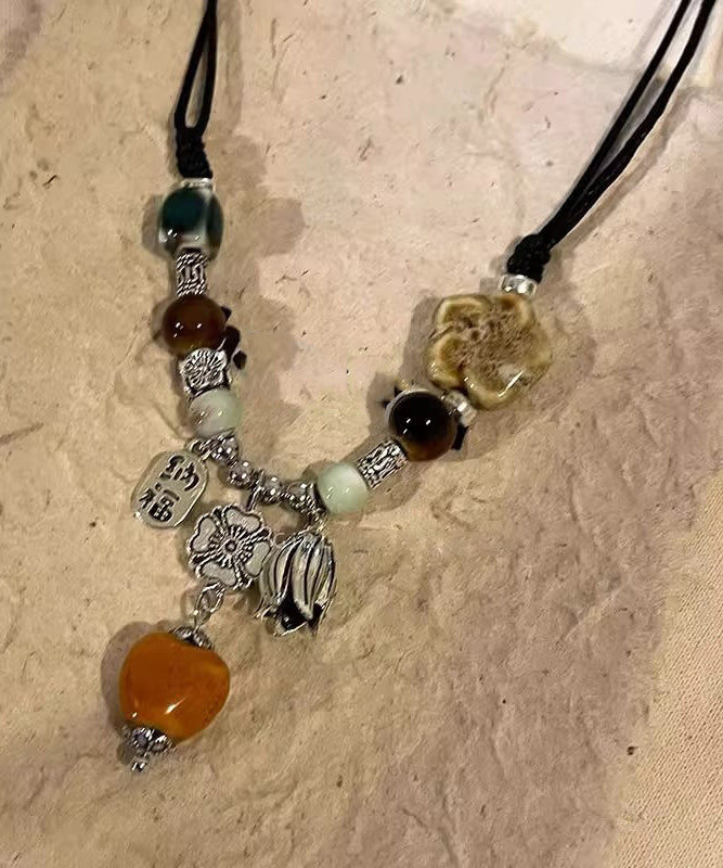 Handmade Black Weave Alloy Ceramics Beads Pendant Necklace