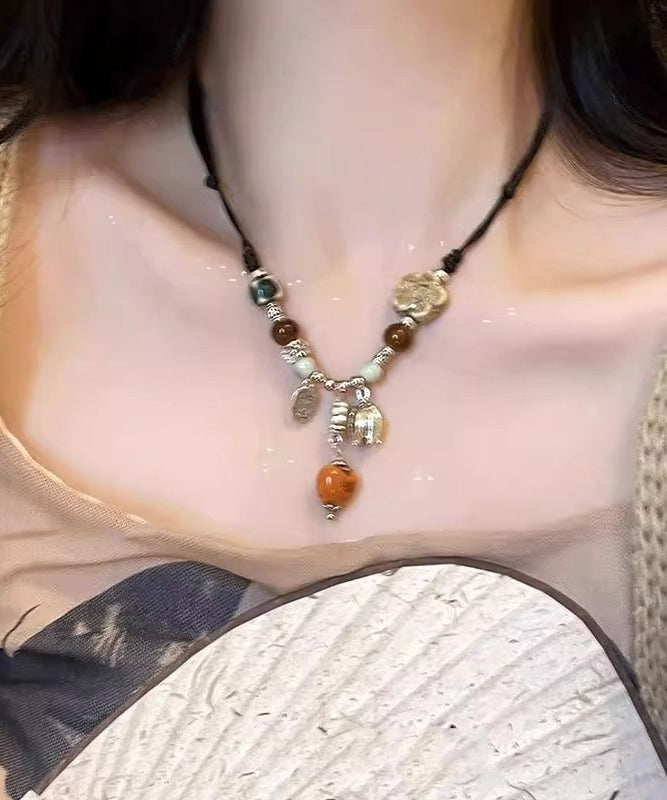 Handmade Black Weave Alloy Ceramics Beads Pendant Necklace