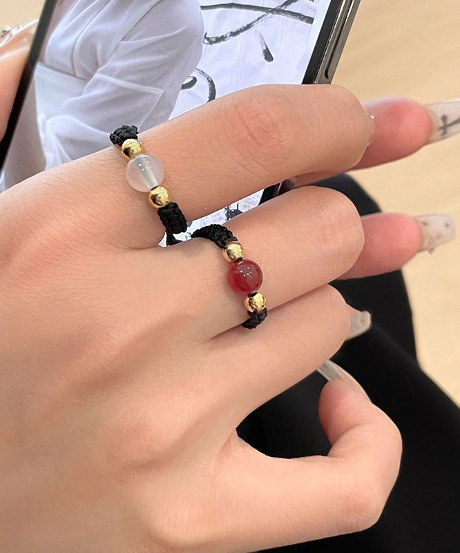Handmade Black Weave Crystal Agate Copper Coin Rings Three-Piece Set