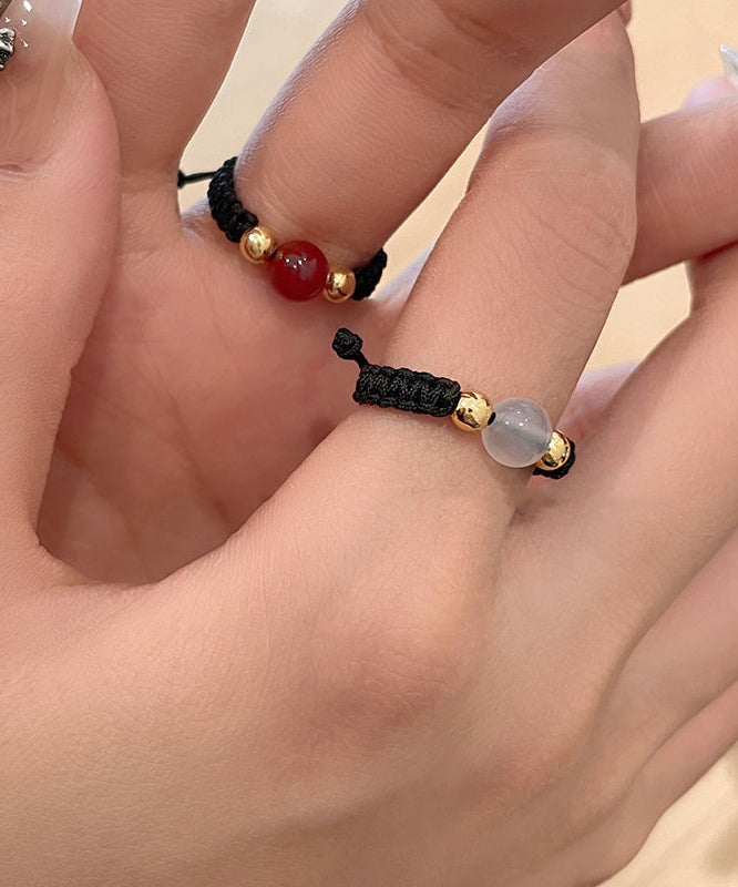 Handmade Black Weave Crystal Agate Copper Coin Rings Three-Piece Set