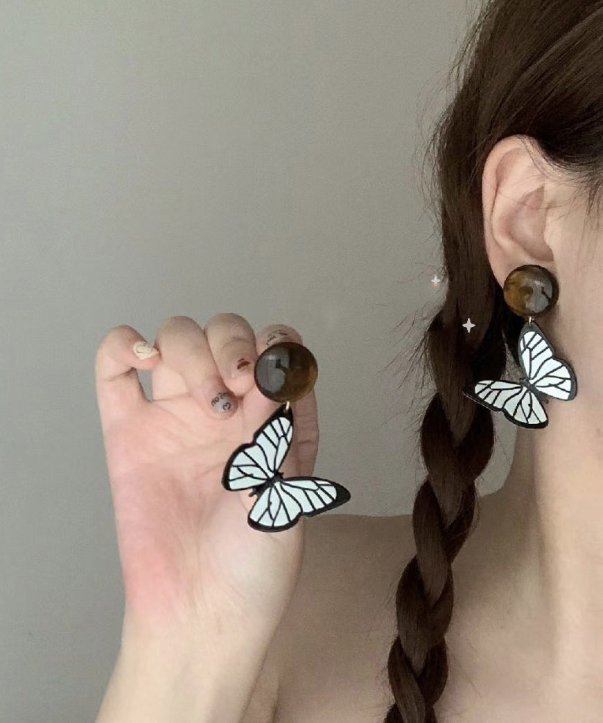 Handmade Black White Acrylic Alloy Resin Butterfly Drop Earrings