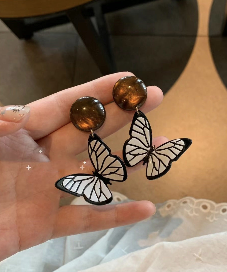 Handmade Black White Acrylic Alloy Resin Butterfly Drop Earrings