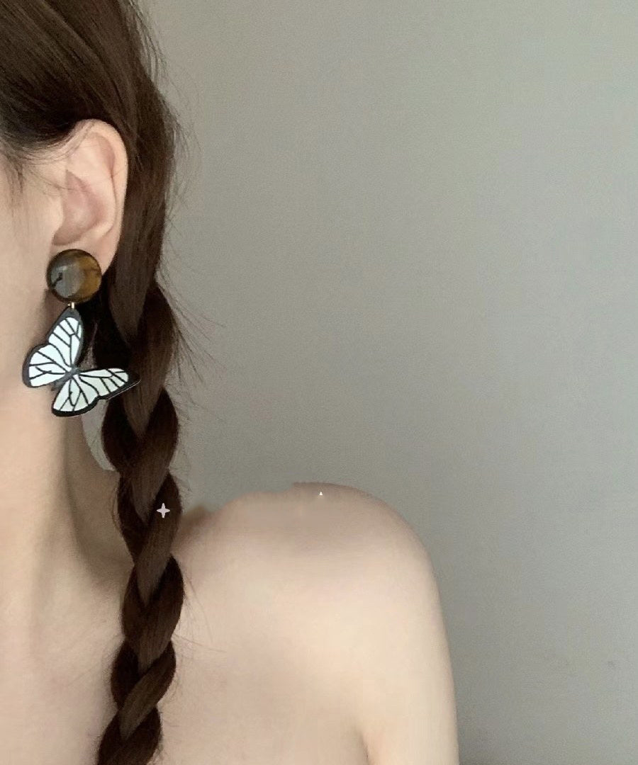 Handmade Black White Acrylic Alloy Resin Butterfly Drop Earrings