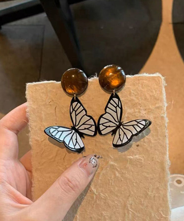 Handmade Black White Acrylic Alloy Resin Butterfly Drop Earrings