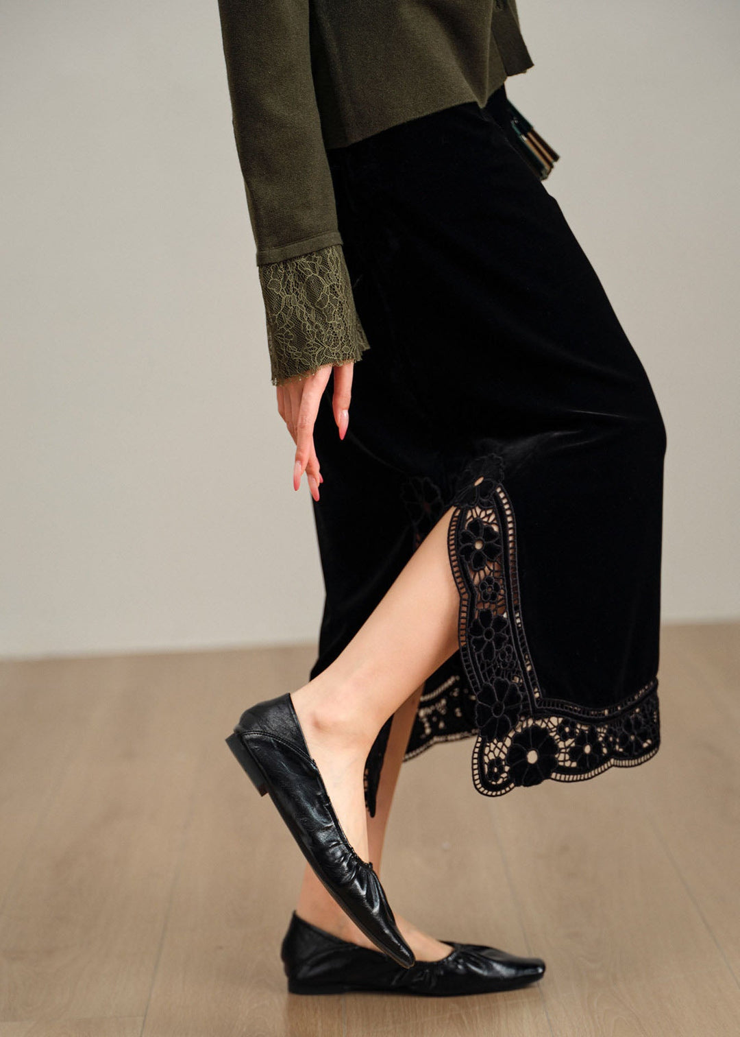 Handmade Black Wraped Patchwork Silk Velvet Skirt Fall