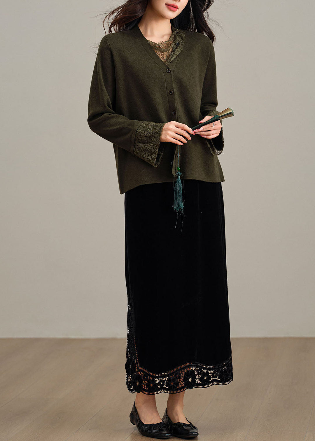 Handmade Black Wraped Patchwork Silk Velvet Skirt Fall
