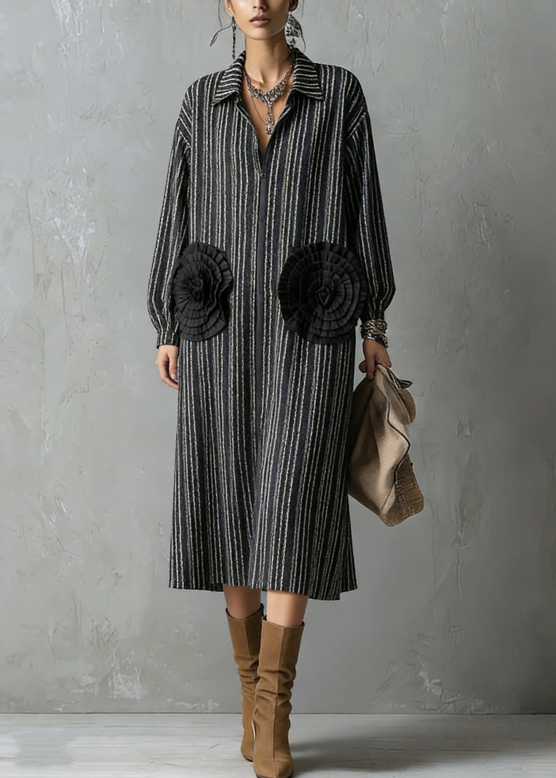 Handmade Black Zip Up Striped Floral Cotton Dresses Spring