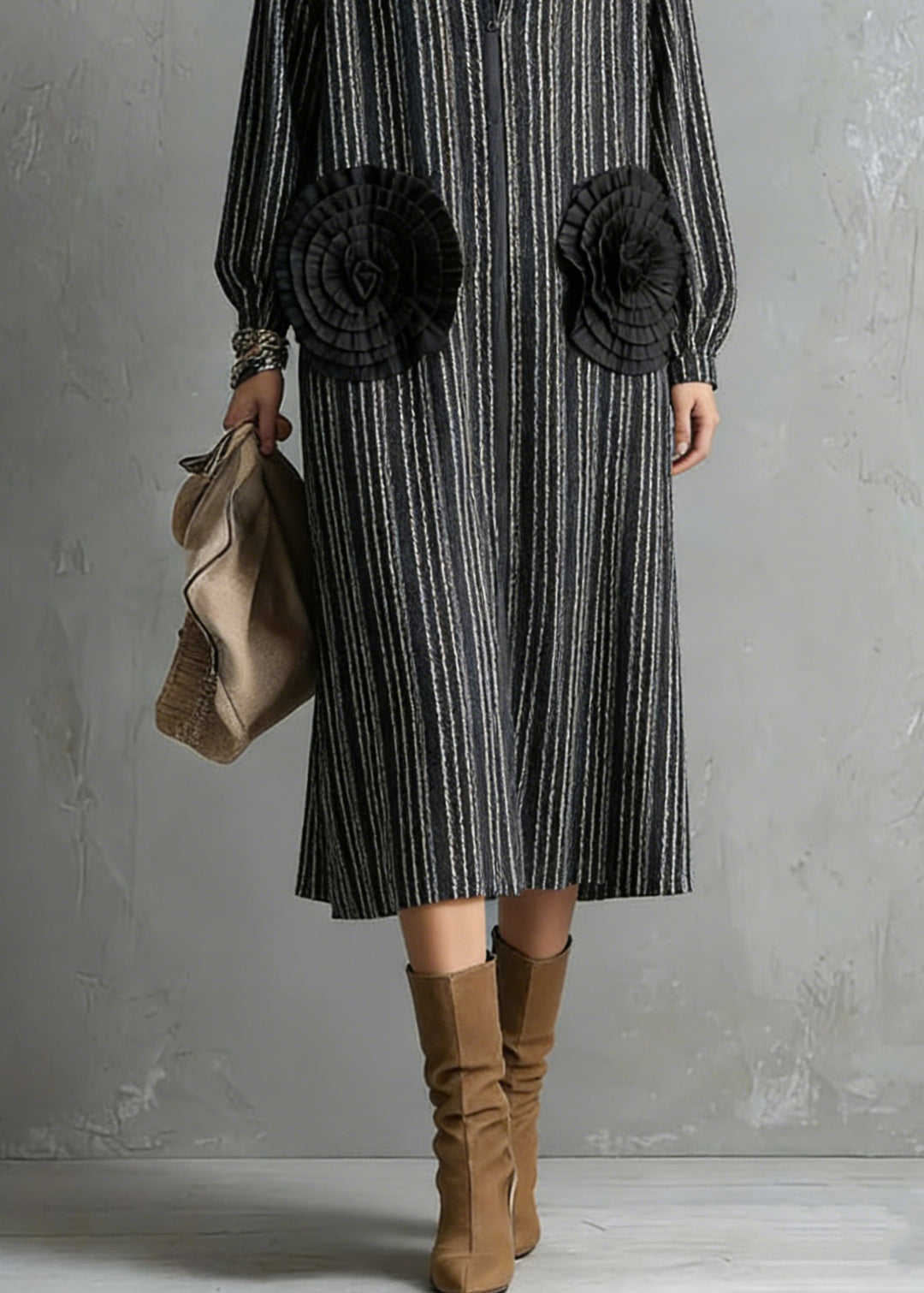 Handmade Black Zip Up Striped Floral Cotton Dresses Spring