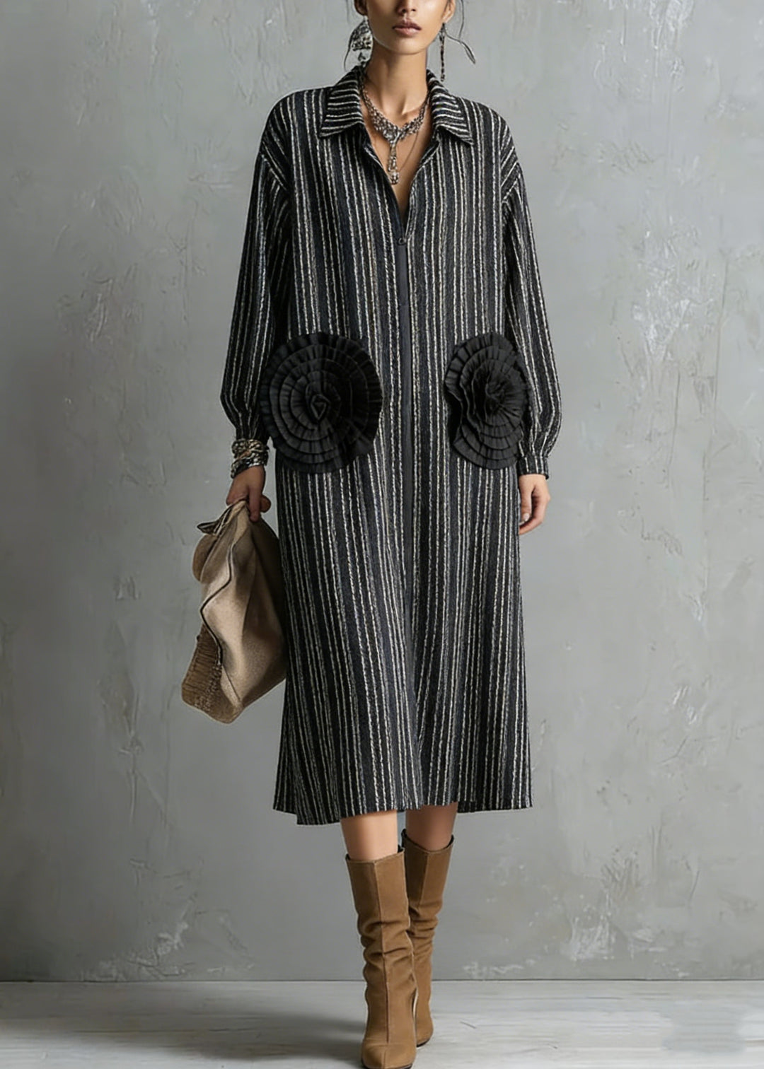 Handmade Black Zip Up Striped Floral Cotton Dresses Spring