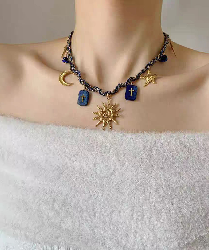 Handmade Blue Alloy Weave Lapis Lazuli Sun Pendant Necklace Two-Piece Set