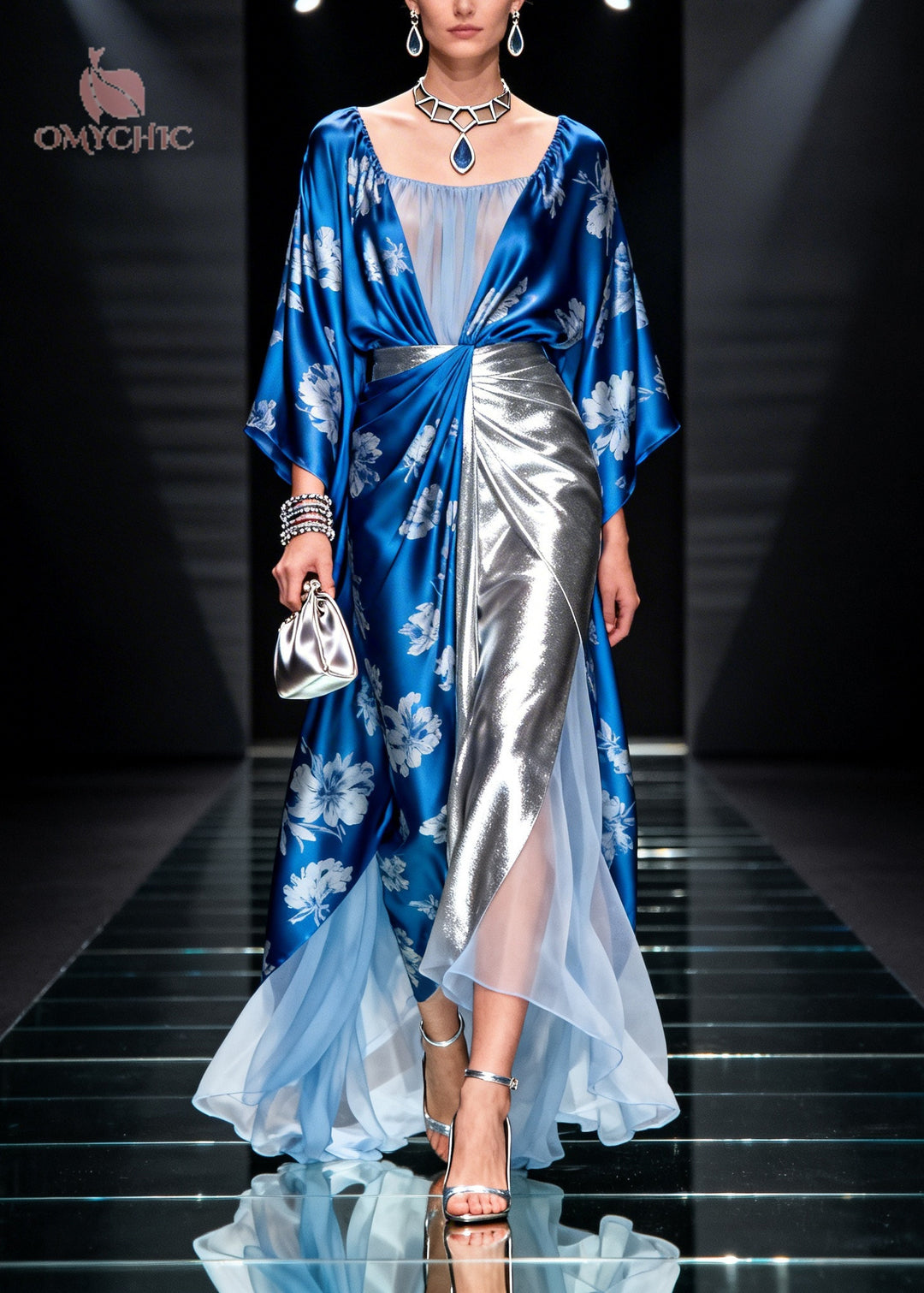 Handmade Blue Asymmetrical Patchwork Print Chiffon Dresses Summer