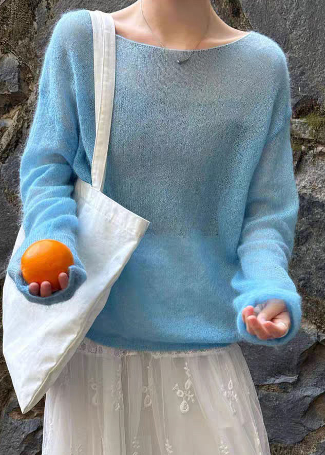 Handmade Blue Cozy Ma Hai Mao Solid Knit Tops Spring