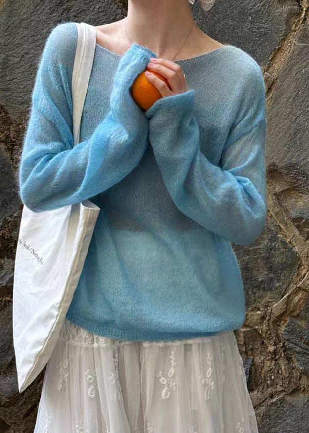 Handmade Blue Cozy Ma Hai Mao Solid Knit Tops Spring