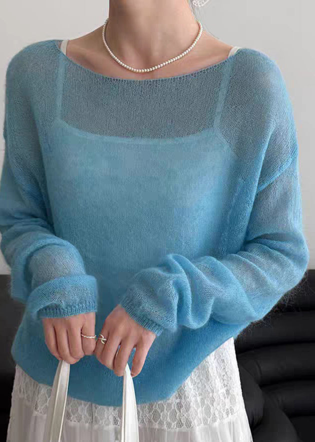 Handmade Blue Cozy Ma Hai Mao Solid Knit Tops Spring