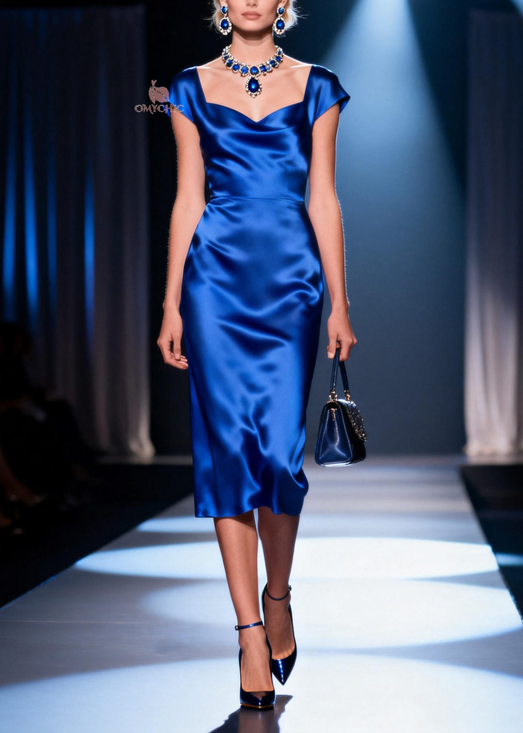 Handmade Blue Draping Neckline Collar Silk Maxi Dresses Summer