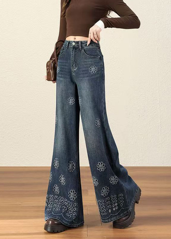 Handmade Blue Embroidered Hollow Out Denim Flared Trousers Fall