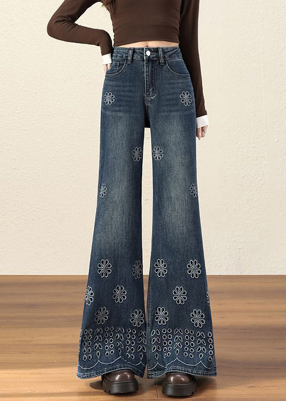 Handmade Blue Embroidered Hollow Out Denim Flared Trousers Fall