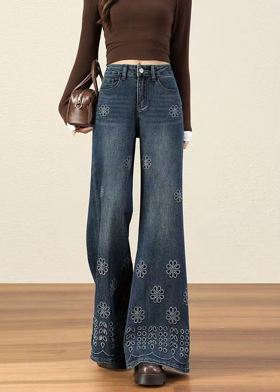 Handmade Blue Embroidered Hollow Out Denim Flared Trousers Fall