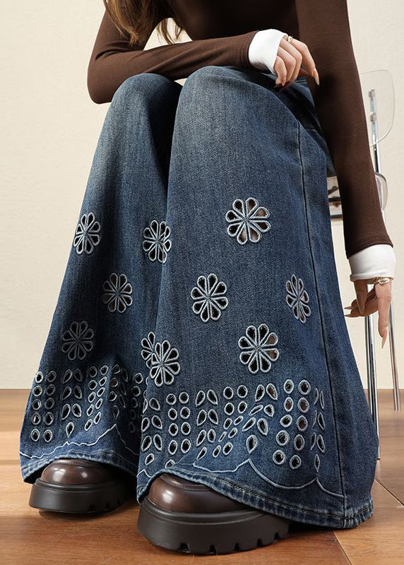 Handmade Blue Embroidered Hollow Out Denim Flared Trousers Fall