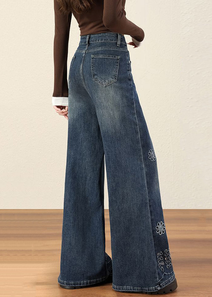 Handmade Blue Embroidered Hollow Out Denim Flared Trousers Fall
