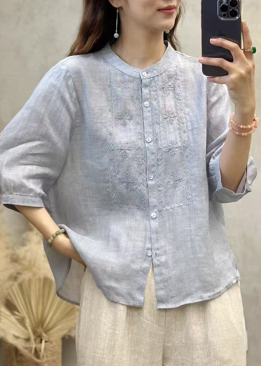 Handmade Blue Embroidered Linen Tops Half Sleeve