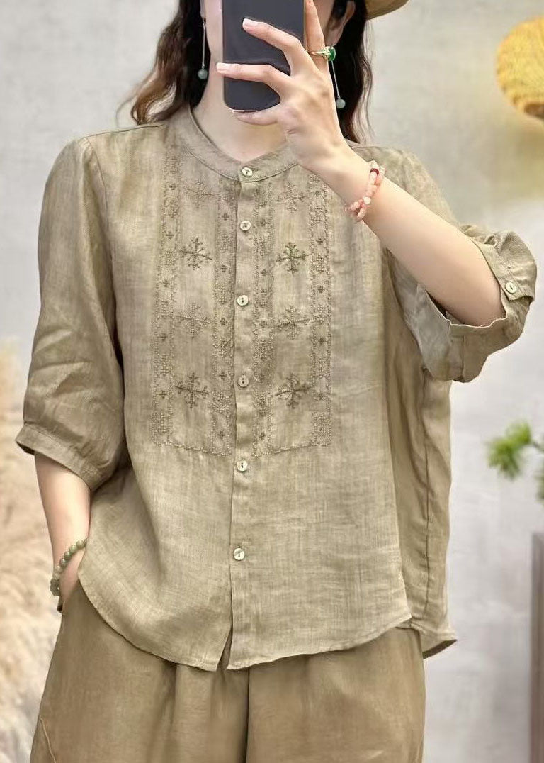 Handmade Blue Embroidered Linen Tops Half Sleeve